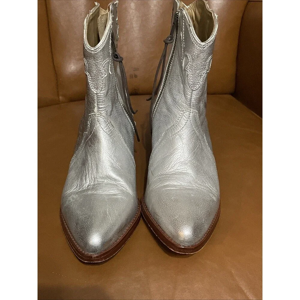 Free People Frontier Silver Leather Western Ankle Booties Size 36 - Picture 3 of 10